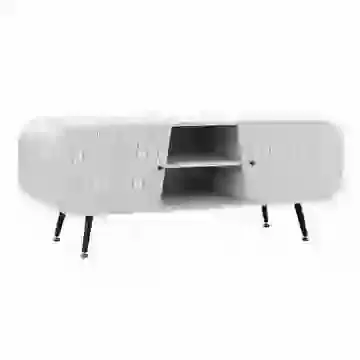 Mid-Century Style Light Grey Wooden TV Stand with Lattice Design